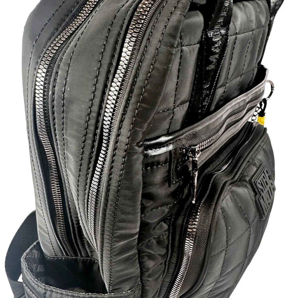 Steve‎ Madden Backpack Womens OS Black New Quilted Nylon Multi-Pocket Charm Bag